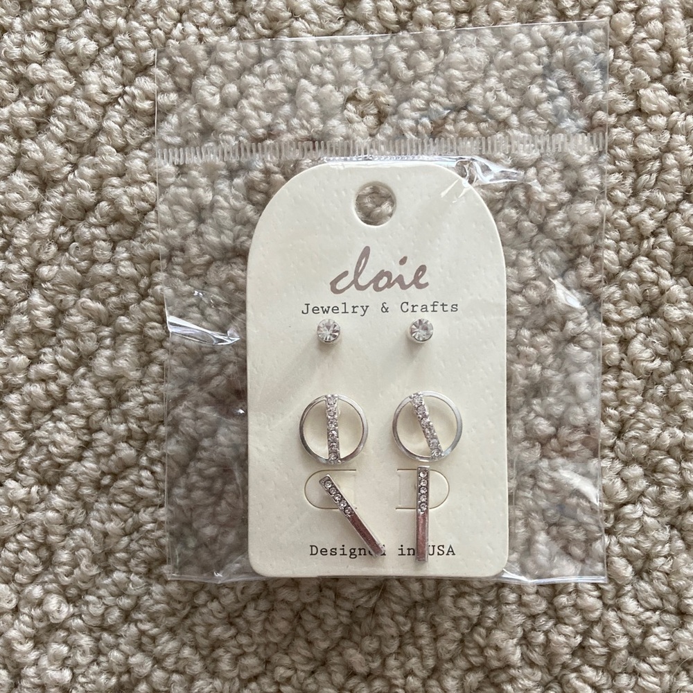 NEW Cloie Stud Earrings Three Pack Silver Plated Circle Bar Minimalist NIB